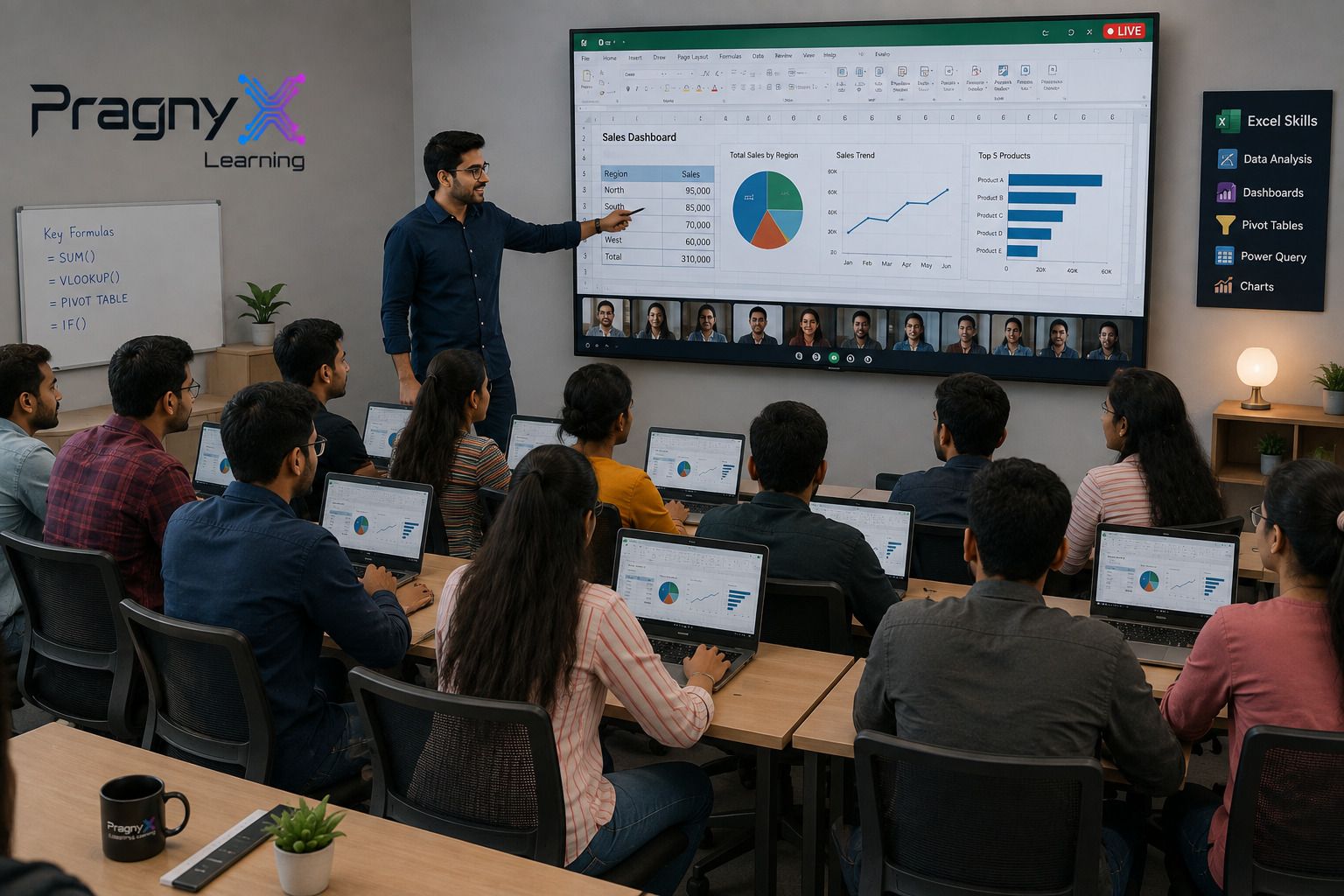 Students in a live PragnyX Learning session, following an Excel dashboard walkthrough on screen